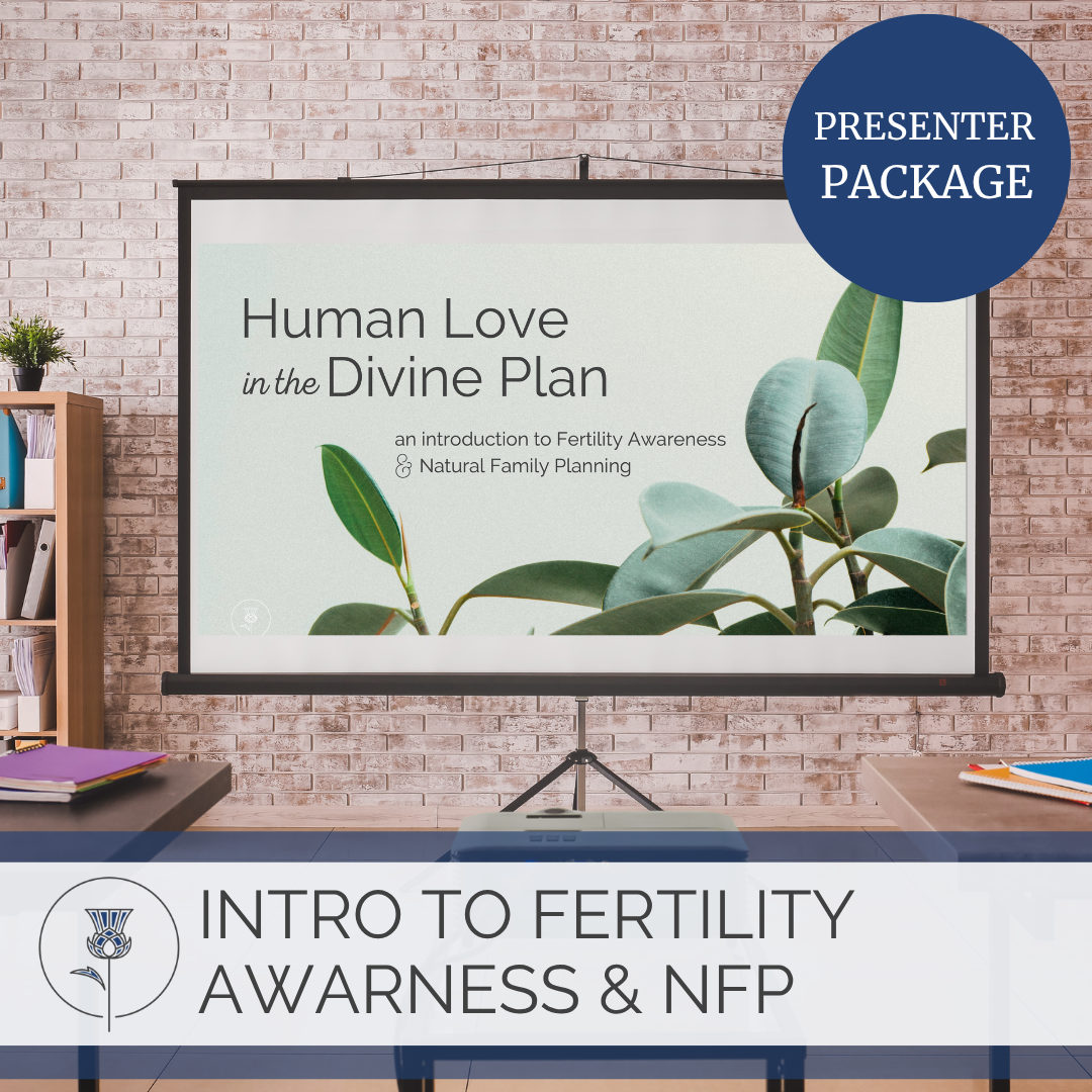 projector screen shows "human love in the divine plan" slides with text that offers presentation pack