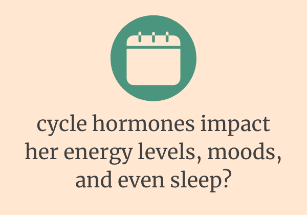 text reads: cycle hormones impact her energy levels, moods, and even sleep?