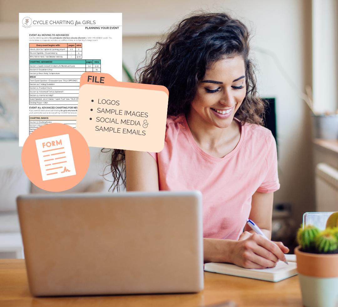 woman at desk writes on notepad with images of planning guide, files, and forms