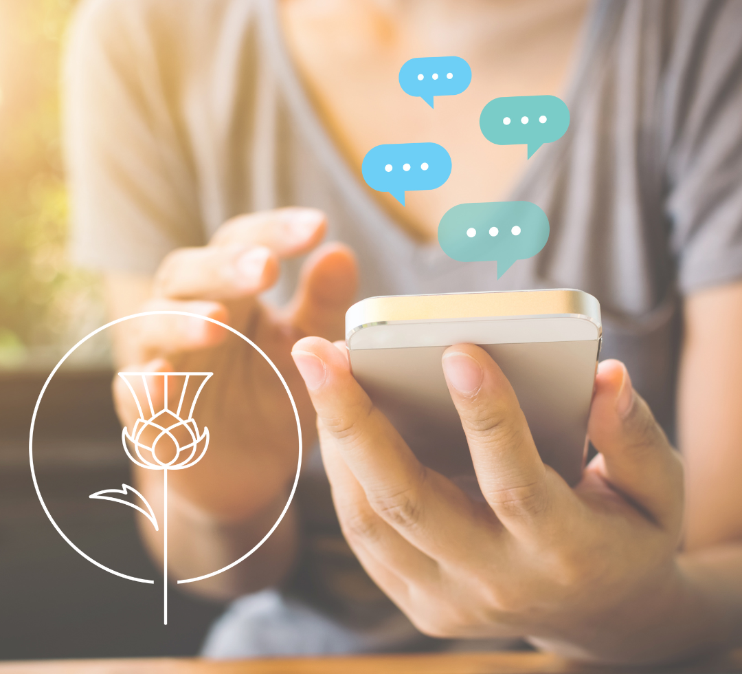 woman texts on phone with pearl and thistle logo