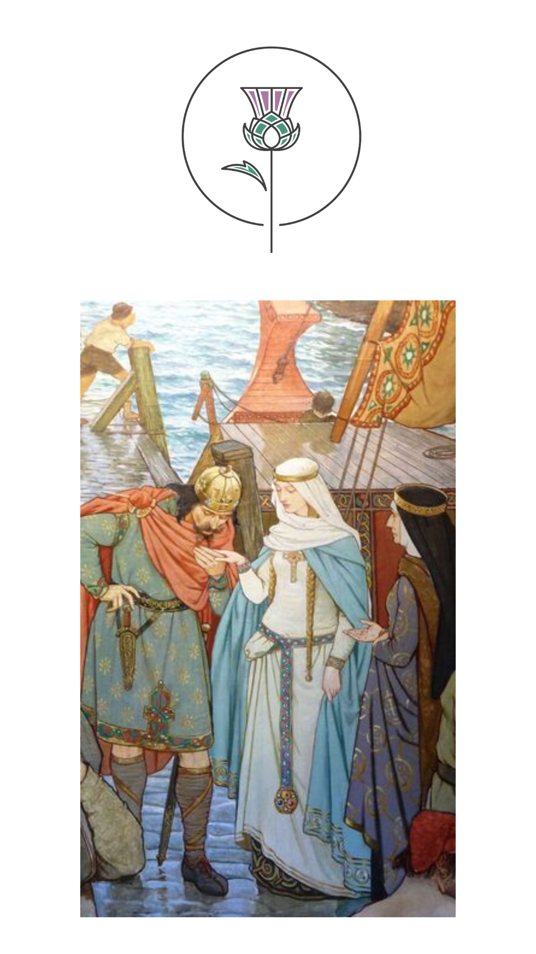 Pearl and Thistle logo above Malcom and Margaret at Queensferry