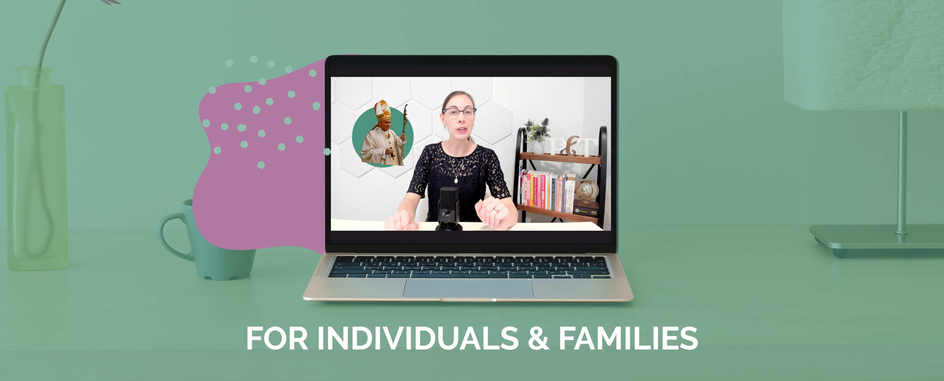 computer shows christina valenzuela presenting a video course text reads "for individuals and families"