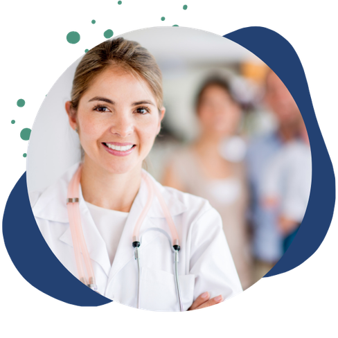 doctor stands in foreground smiling